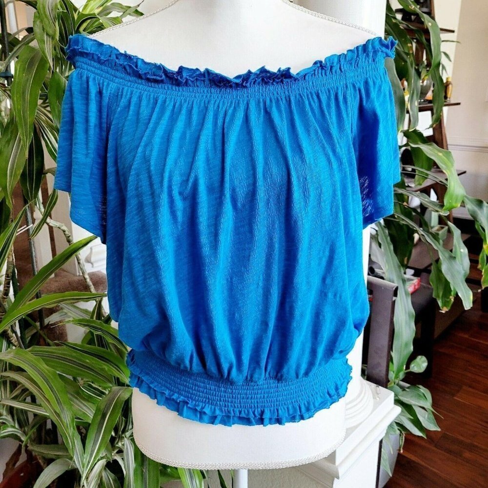 INC International Concepts Cotton Smocked Off Shoulder Peasant Top Sz Small Blue - Picture 2 of 7